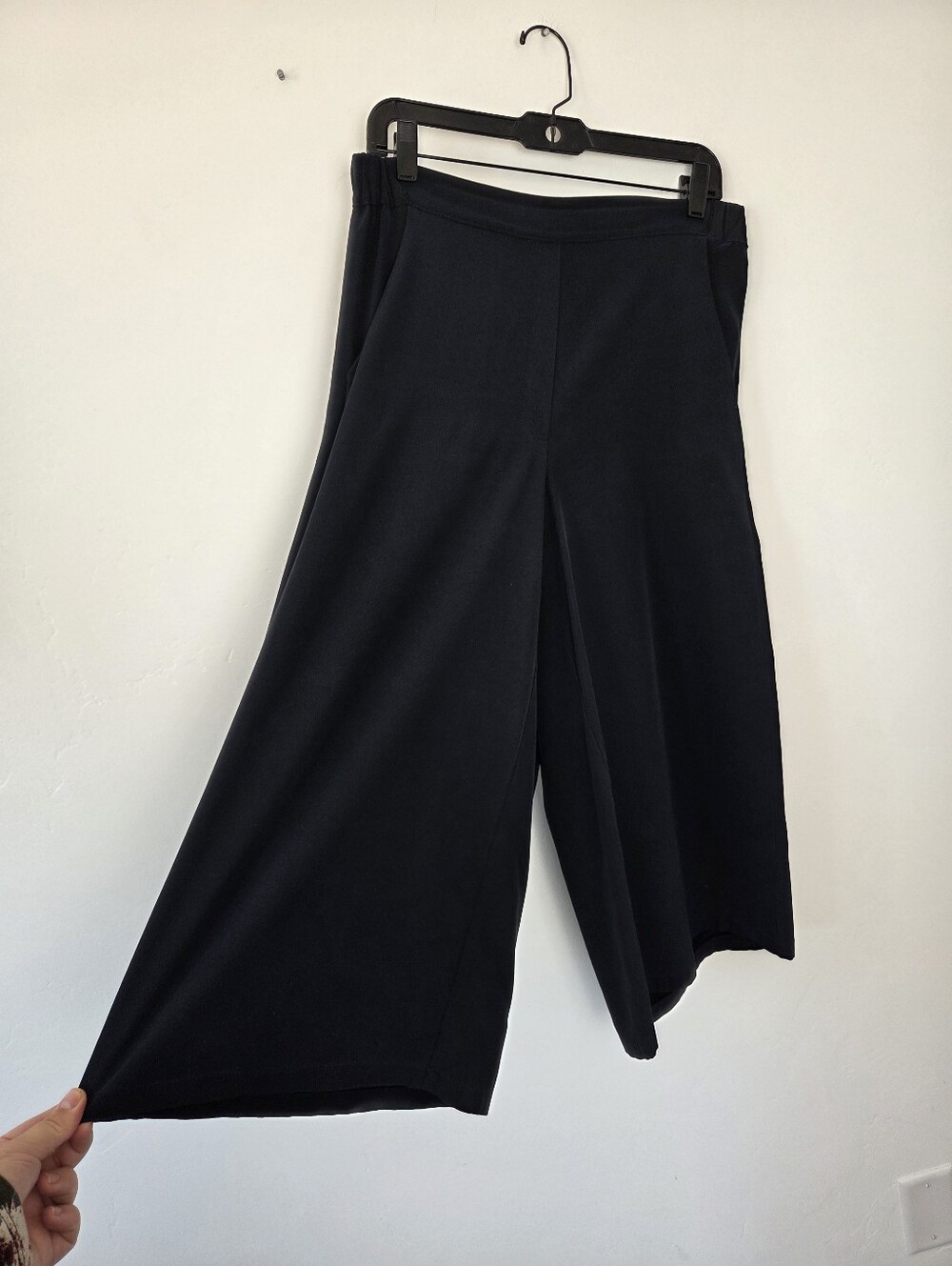 Elaine Kim 100% Silk Wide Leg Cropped Pants Lightweight Navy Blue Pull On Large
